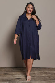 Model Ashleigh wearing size 16 of the Belle 3 Way Linen Blend Shirtmaker Dress in colour Navy (Blue), from the front, showing the whole outfit