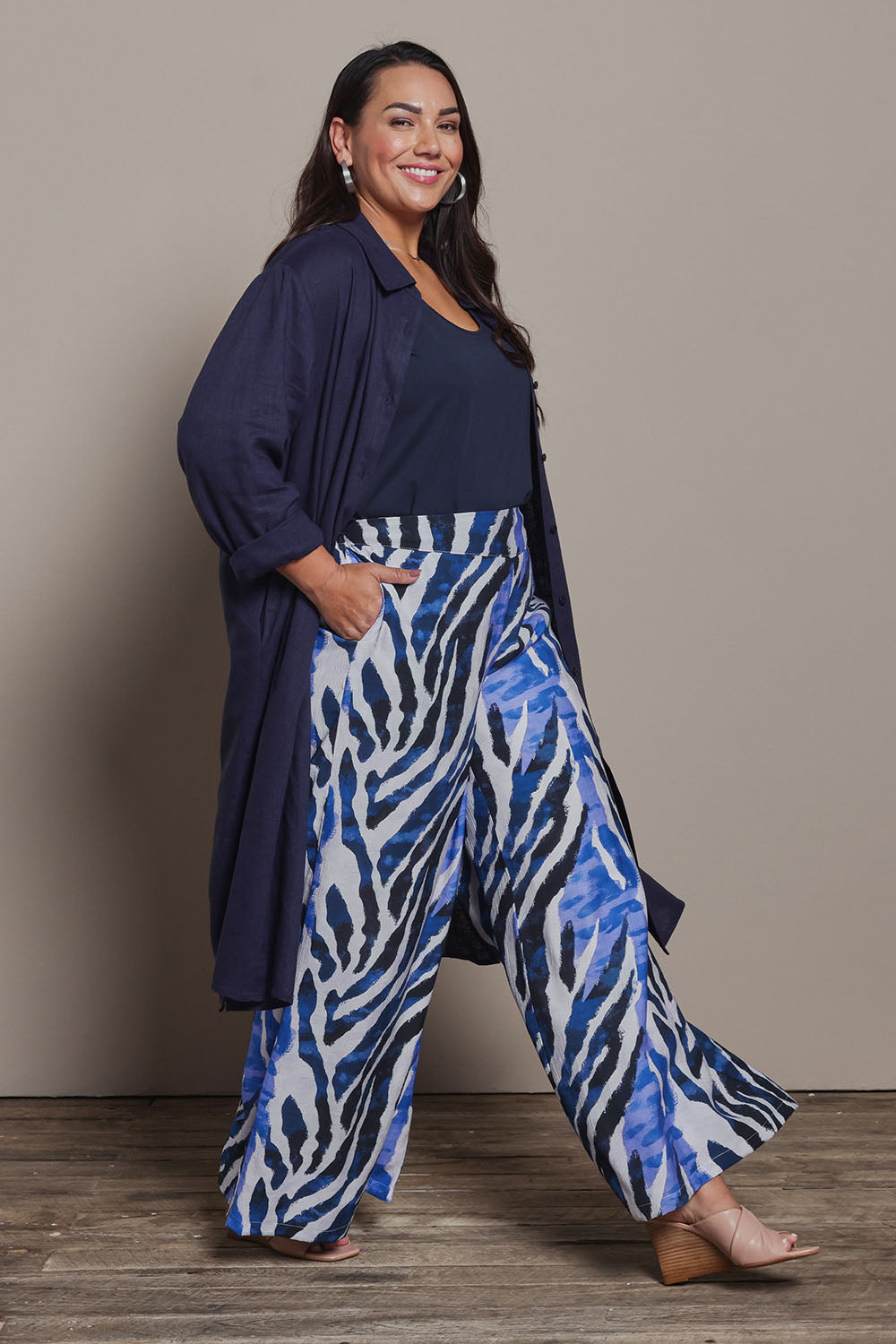Model Ashleigh wearing size 16 of the Belle 3 Way Linen Blend Shirtmaker Dress in colour Navy (Blue), from the front, showing the whole outfit