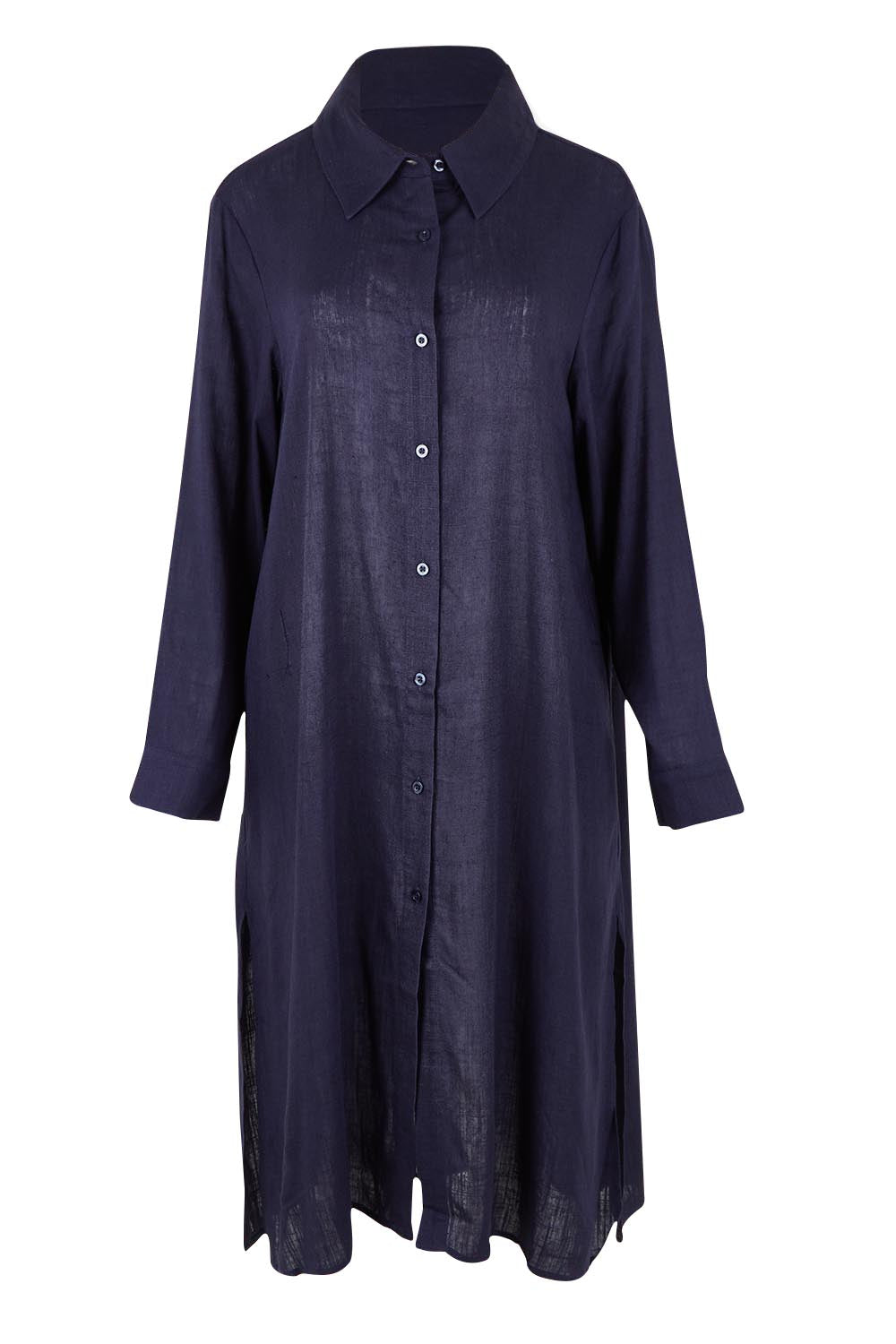 Product shot of the Belle 3 Way Linen Blend Shirtmaker Dress in colour Navy (Blue), from the front
