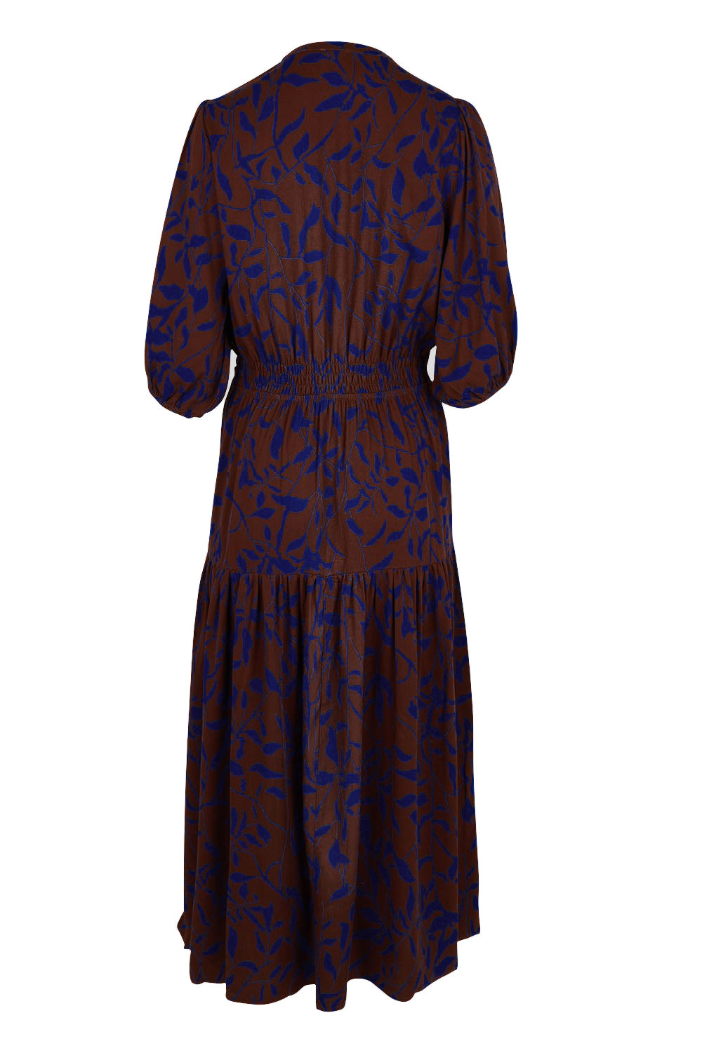 Product shot of the Belle Luxe Ecovero Printed Tiered Dress in colour Cobaltcoco (Blue), from the back