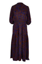 Product shot of the Belle Luxe Ecovero Printed Tiered Dress in colour Cobaltcoco (Blue), from the front