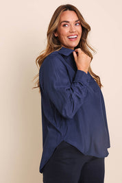 Model Lauraw wearing size 14 of the Belle Easy Wear Every Wear Blouse - Deep navy in colour Deep Navy, from an angle