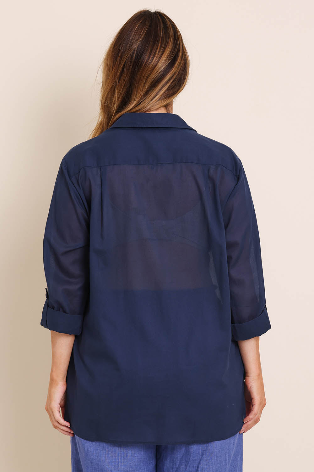 Model Lauraw wearing size 14 of the Belle Easy Wear Every Wear Blouse - Deep navy in colour Deep Navy, from the back