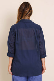 Model Lauraw wearing size 14 of the Belle Easy Wear Every Wear Blouse - Deep navy in colour Deep Navy, from the back