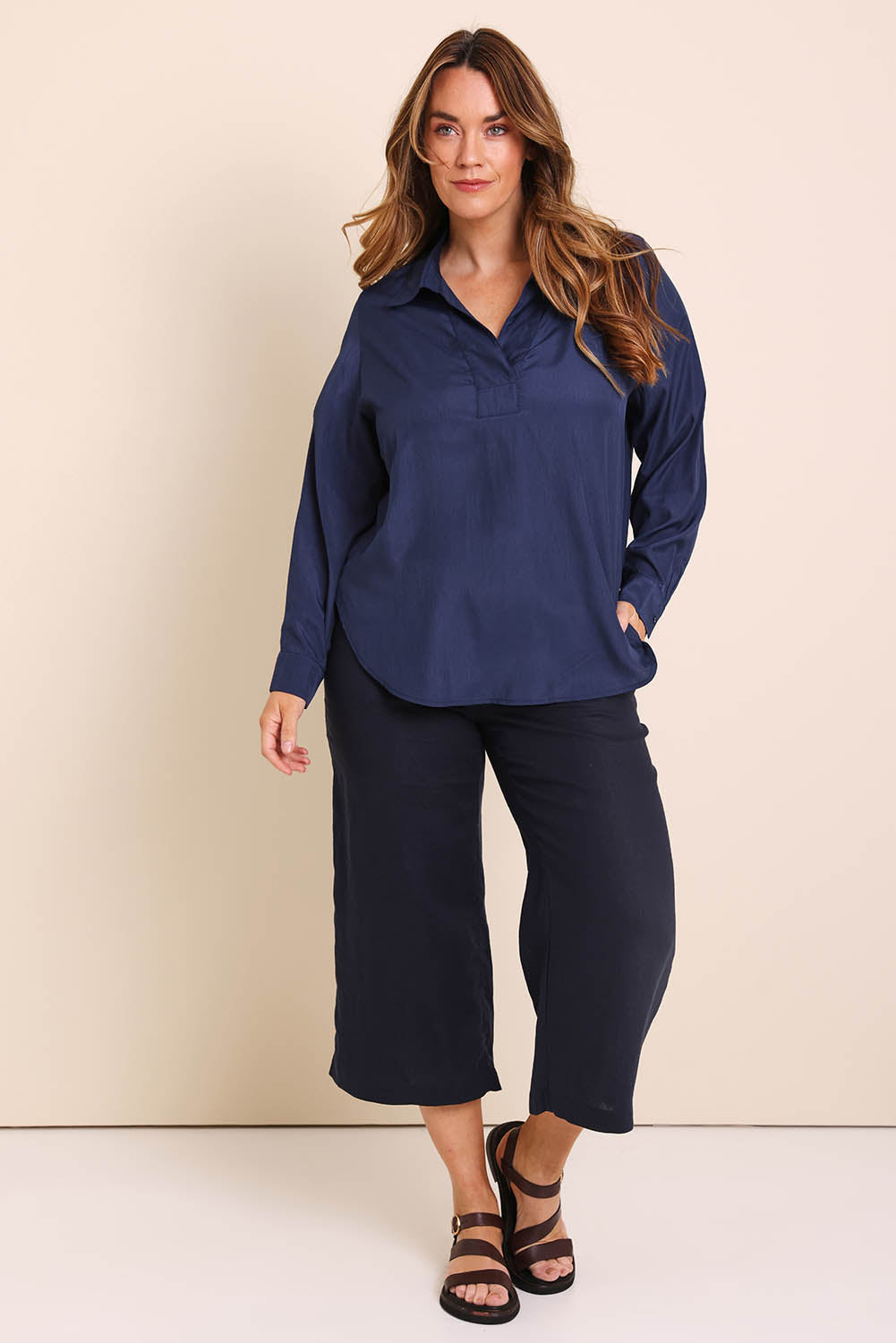 Model Lauraw wearing size 14 of the Belle Easy Wear Every Wear Blouse - Deep navy in colour Deep Navy, from the front