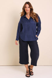 Model Lauraw wearing size 14 of the Belle Easy Wear Every Wear Blouse - Deep navy in colour Deep Navy, from the front