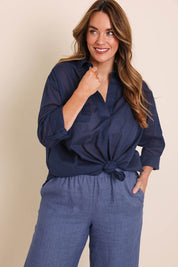 Model Lauraw wearing size 14 of the Belle Easy Wear Every Wear Blouse - Deepnavy in colour Deepnavy, in a cropped view