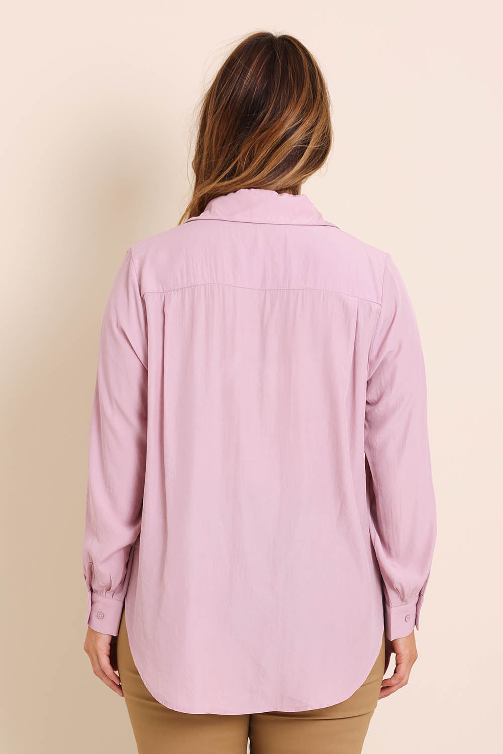 Model Lauraw wearing size 14 of the Belle Easy Wear Every Wear Blouse - Dusty pink in colour Dusty Pink, from the back
