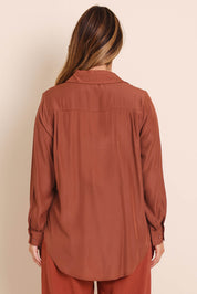 Model Lauraw wearing size 14 of the Belle Easy Wear Every Wear Shirt - Sienna in colour Sienna, from the back