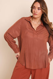 Model Lauraw wearing size 14 of the Belle Easy Wear Every Wear Shirt - Sienna in colour Sienna, in a cropped view
