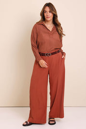 Model Lauraw wearing size 14 of the Belle Easy Wear Every Wear Shirt - Sienna in colour Sienna, from the front