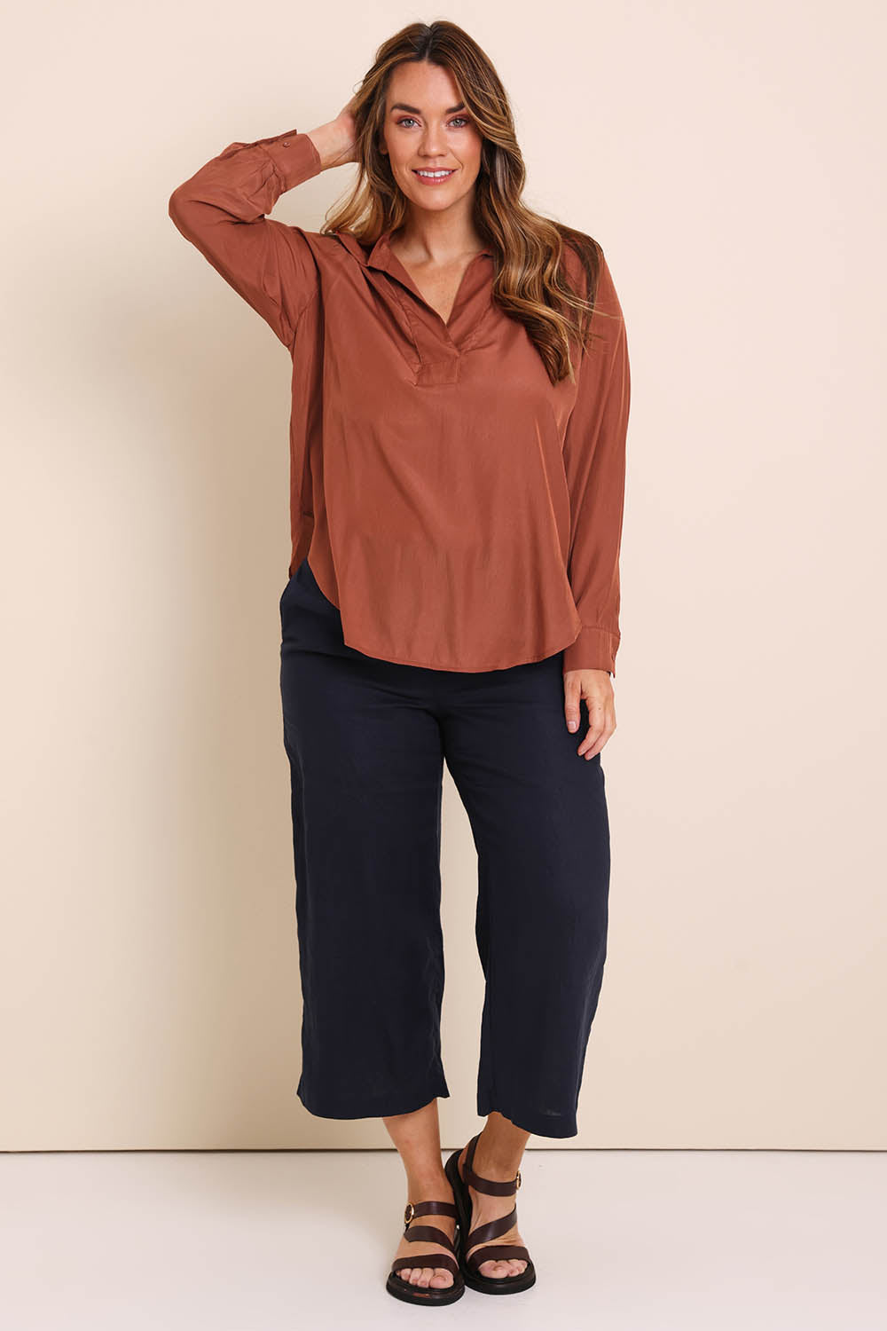 Model Lauraw wearing size 14 of the Belle Easy Wear Every Wear Shirt - Sienna in colour Sienna, from the front