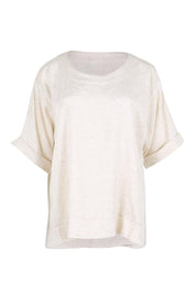 Product shot of the Belle Wear Anywhere Woven Linen Blend Tee  - Sand in colour Sand, from the front