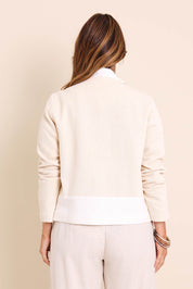 Model Lauraw wearing size 14 of the Belle Cotton Colour Blocked Blazer – Creamivory in colour Creamivory, from the back