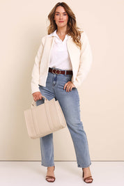 Model Lauraw wearing size 14 of the Belle Cotton Colour Blocked Blazer – Creamivory in colour Creamivory, from the front