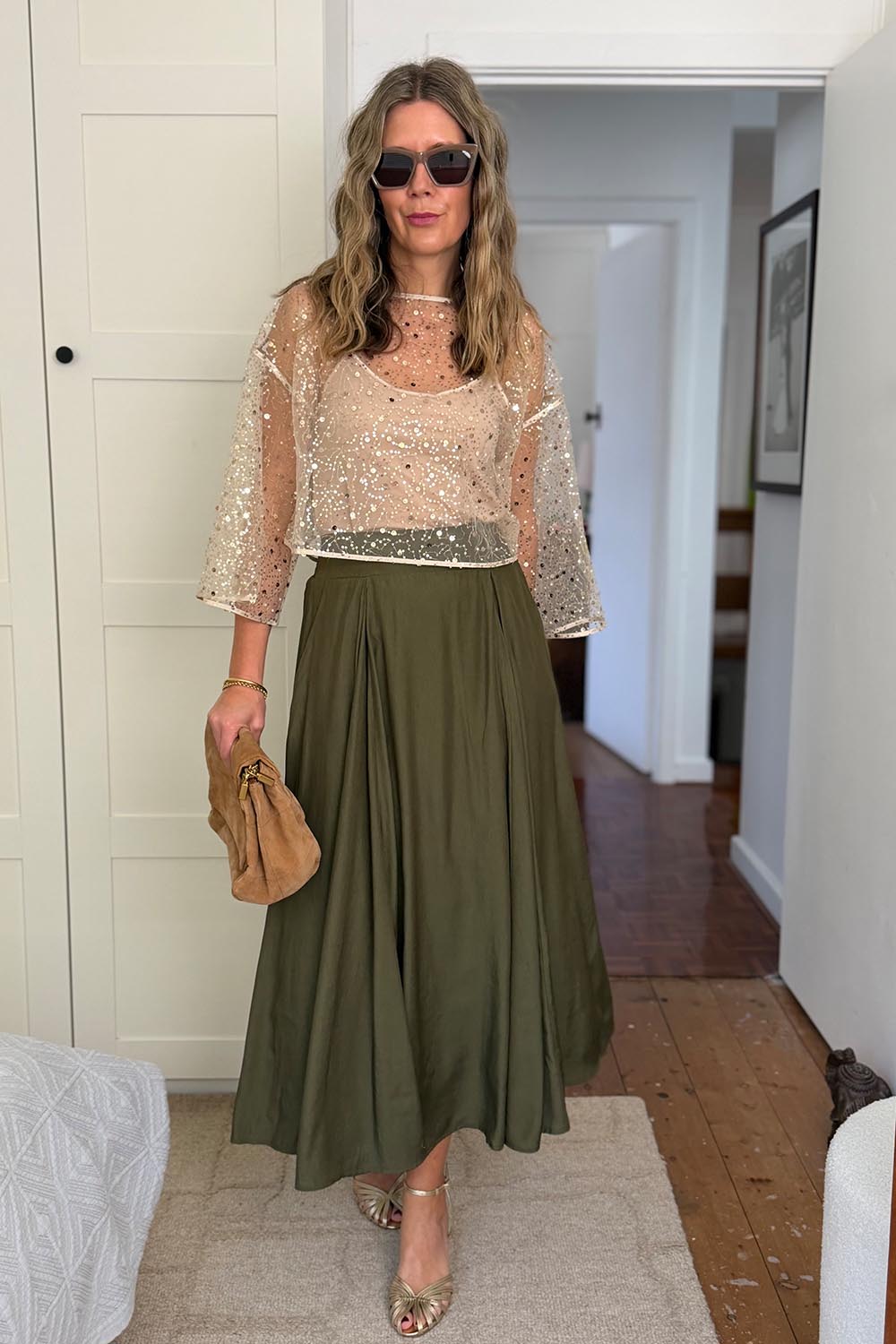 Model Genericm wearing size sample of the Belle Easy Wear Every Wear Skirt – Khaki in colour Khaki, from the front