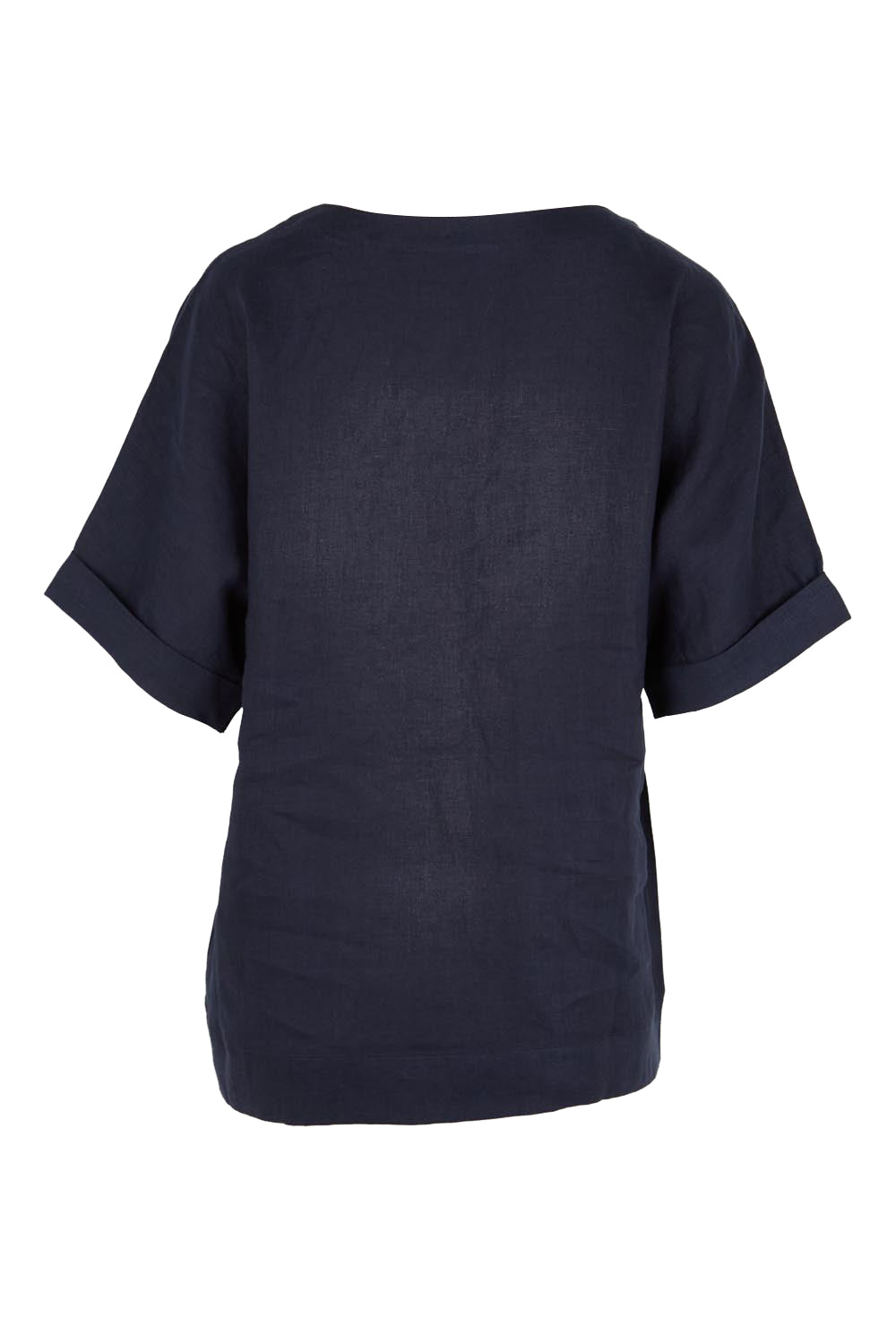 Product shot of the Belle Easy Wear Linen Scoop Tee – Navy in colour Navy, from the back