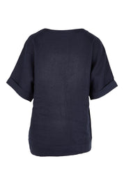 Product shot of the Belle Easy Wear Linen Scoop Tee – Navy in colour Navy, from the back