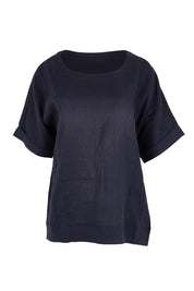 Product shot of the Belle Easy Wear Linen Scoop Tee – Navy in colour Navy, from the front
