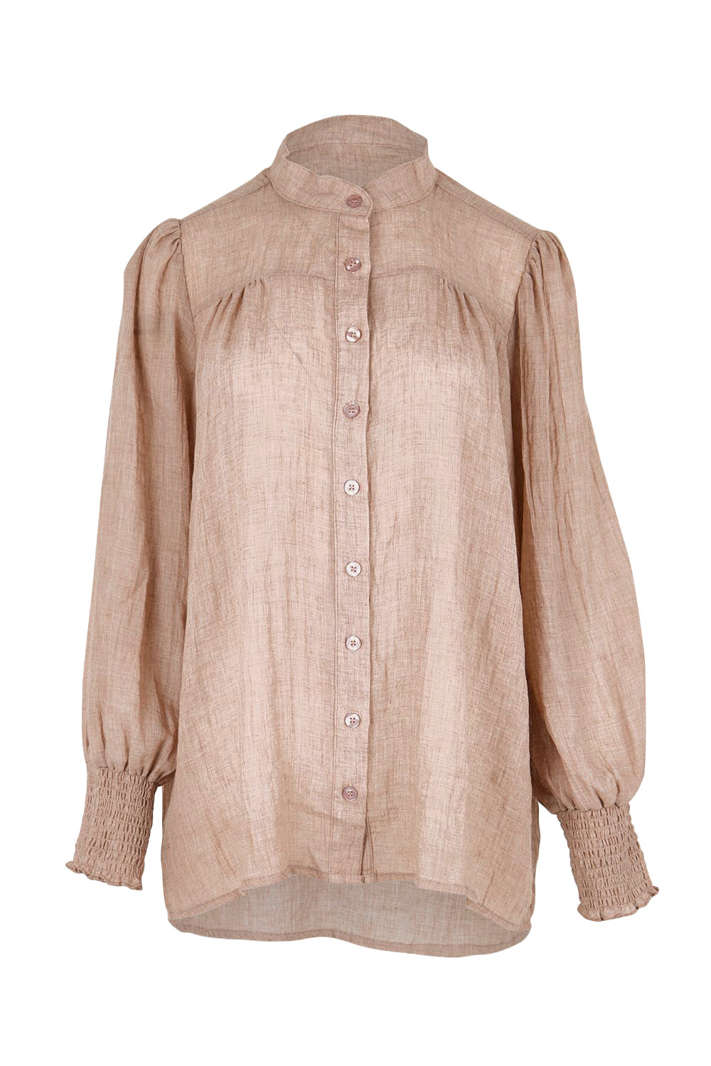 Product shot of the Belle Shirred Sleeve Shirt – Warmsand in colour Warmsand, from the front
