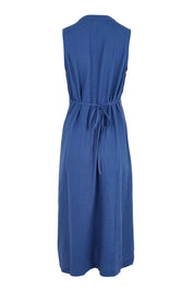 Product shot of the Belle Pintucked Midi Dress With Pockets - Seablue in colour Seablue, from the back