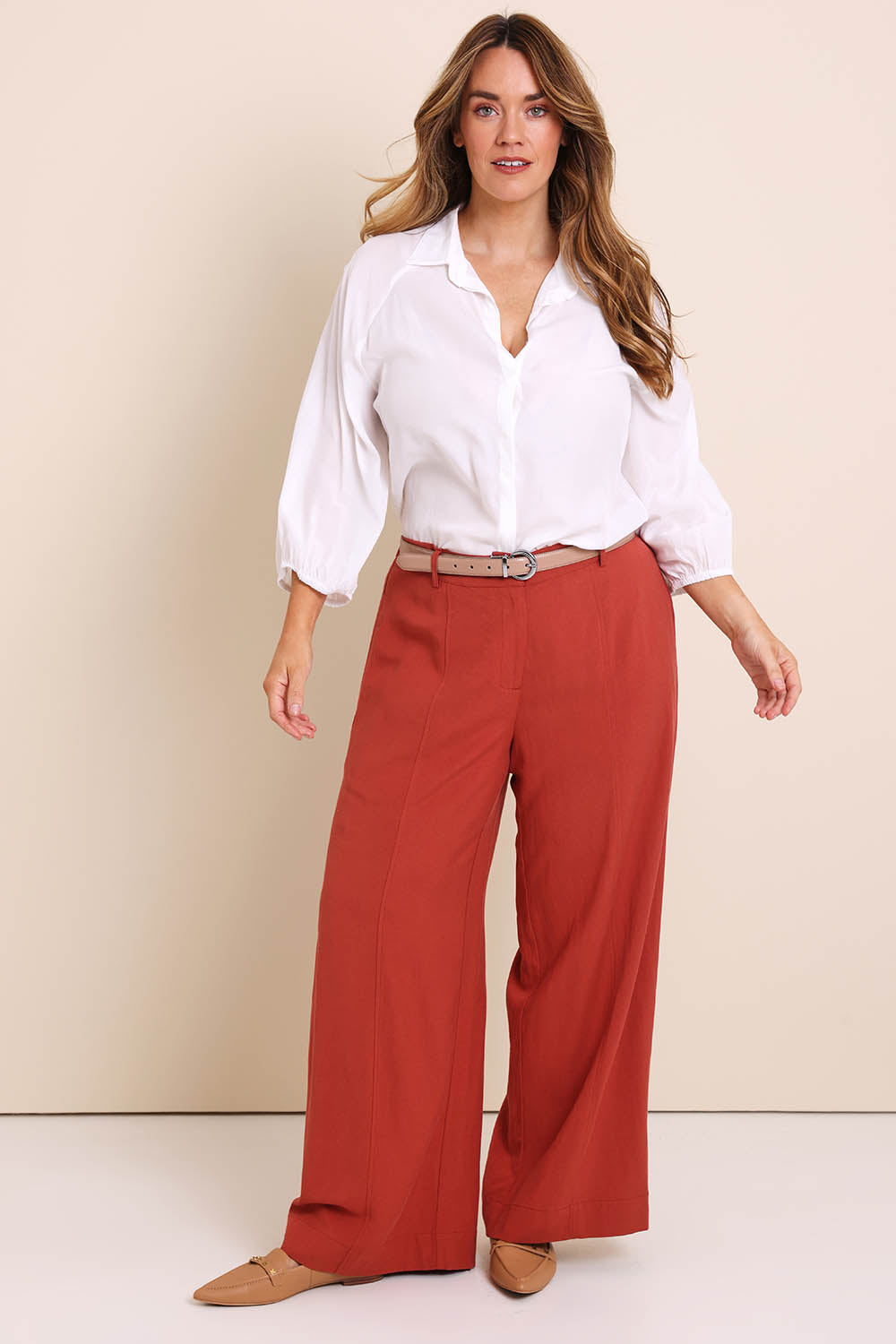 Model Lauraw wearing size 14 of the Belle Easy Wear Every Wear Shirt  - White in colour White, from the front
