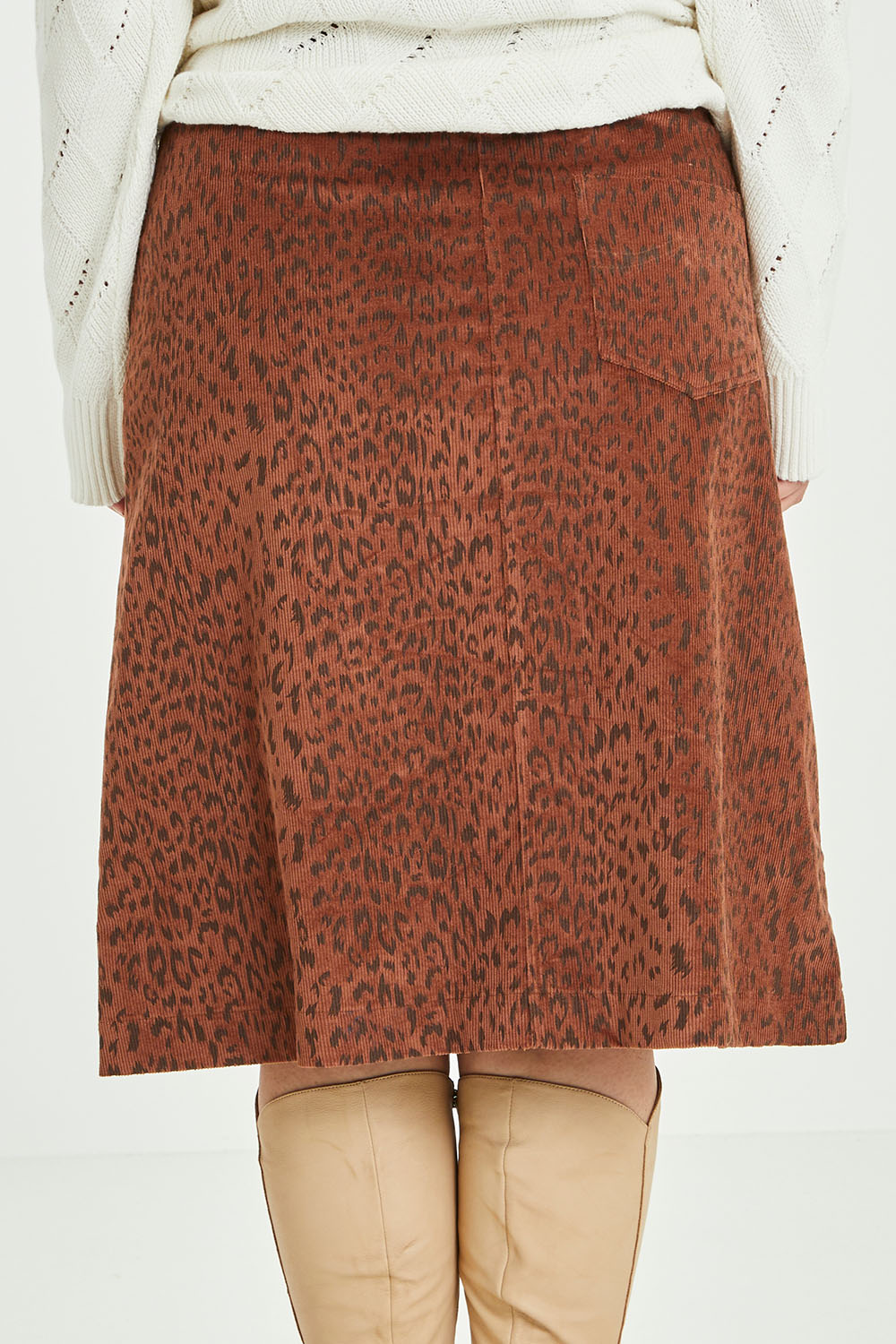 Model Jess wearing size 14 of the Ready For You Cord Skirt in colour Wild, from the back