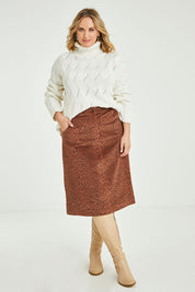 Model Jess wearing size 14 of the Ready For You Cord Skirt in colour Wild, from the front, showing the whole outfit