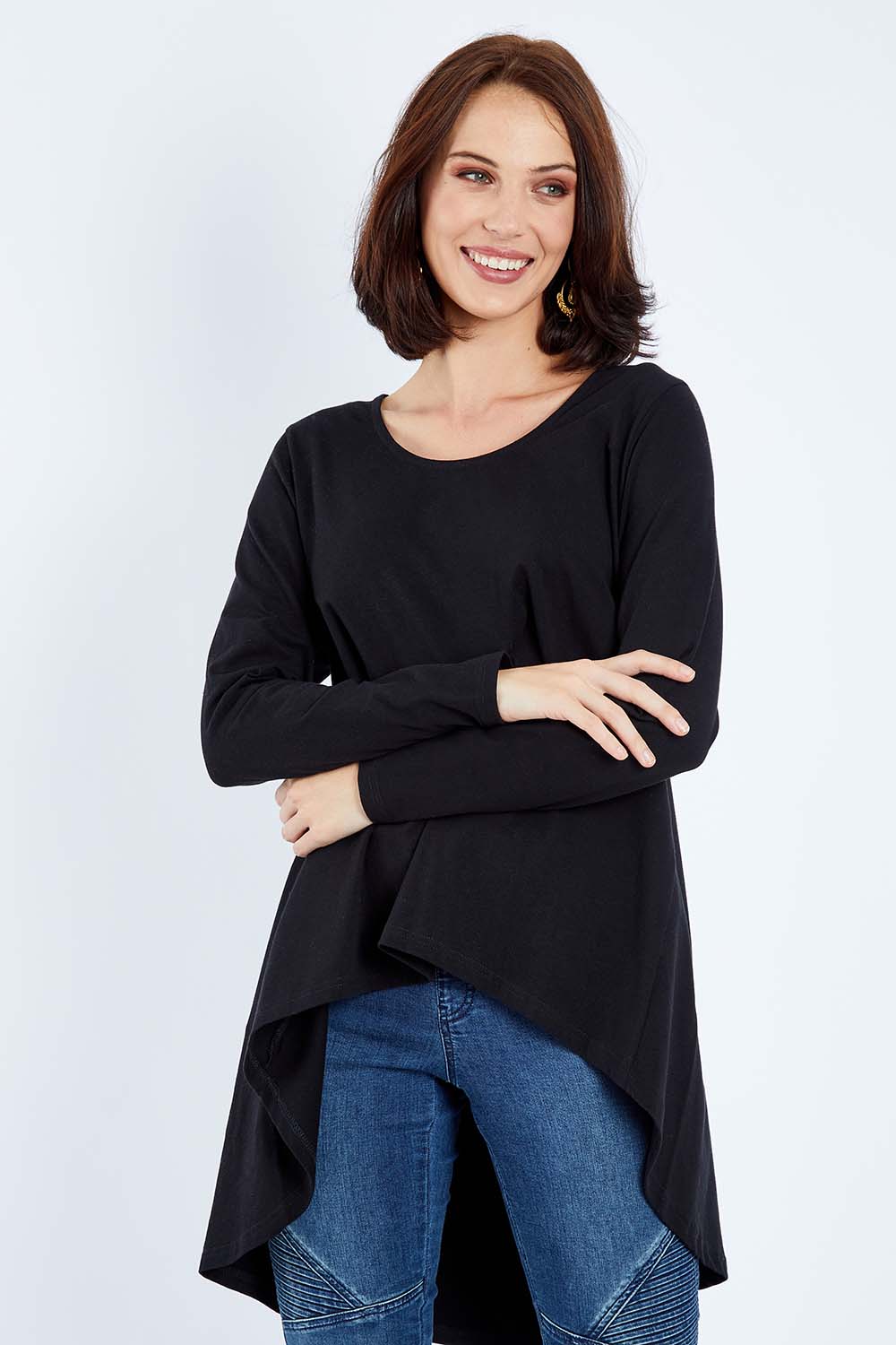 Model Andrea wearing size 10 of the Sunshine In Me Long Sleeve Tee in colour Black (Black), from the front, cropped image