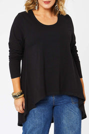 Model Jess wearing size 14 of the Sunshine In Me Long Sleeve Tee in colour Black (Black), from the front, cropped image