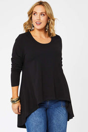 Model Jess wearing size 14 of the Sunshine In Me Long Sleeve Tee in colour Black (Black), from the front, cropped image