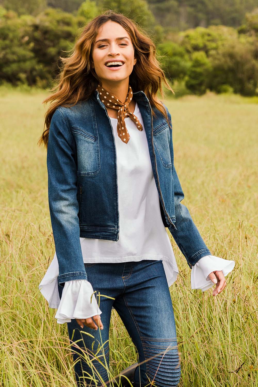 Model Ilona wearing size 10 of the I Have Got This Denim Jacket in colour Denim (Blue), from the front, showing the whole outfit