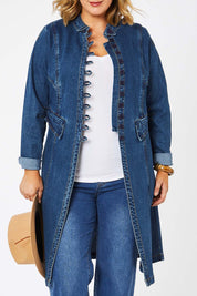 Model Jess wearing size 14 of the Attention To Me Denim Jacket in colour Denim (Blue), from the front, cropped image