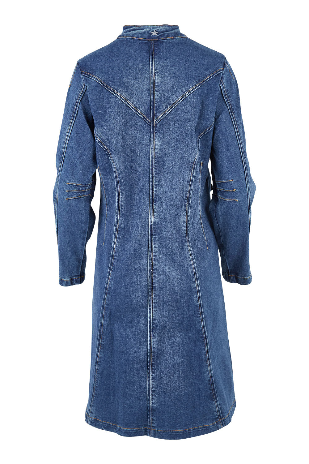 Product shot of the Attention To Me Denim Jacket in colour Denim (Blue), from the back