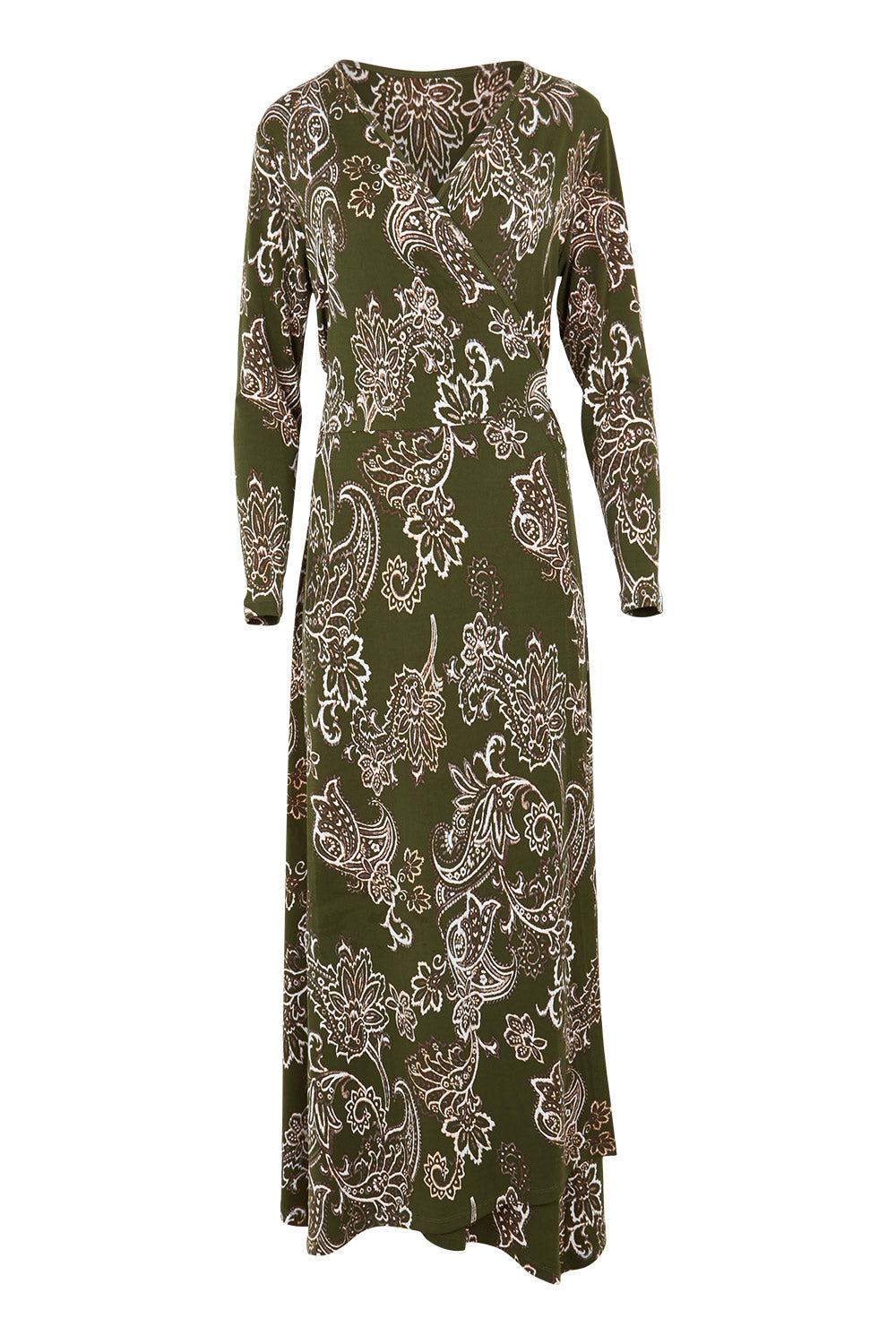 Product shot of the Life Is Beautiful Wrap Maxi Dress in colour Greenpais (Green), from the front