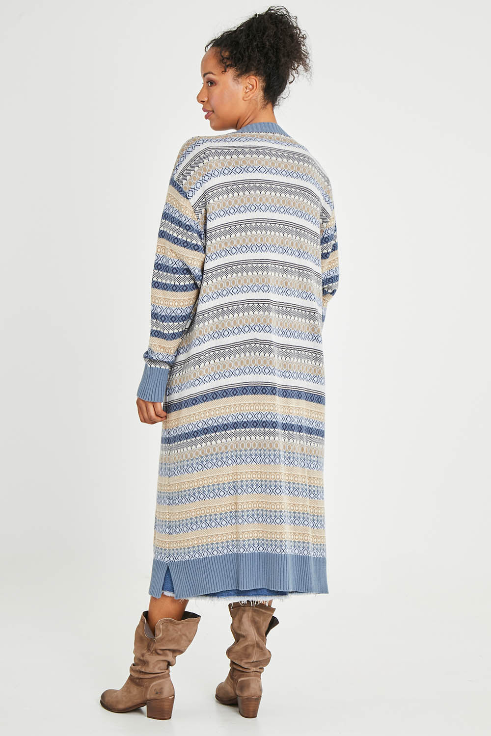 Model Noli wearing size L of the Wild Heart Cardi in colour Dusk, from the back