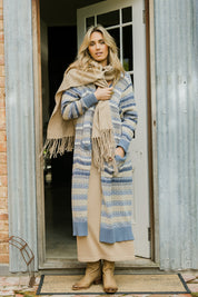Model Tegan wearing size S of the Wild Heart Cardi in colour Dusk, from the front, showing the whole outfit