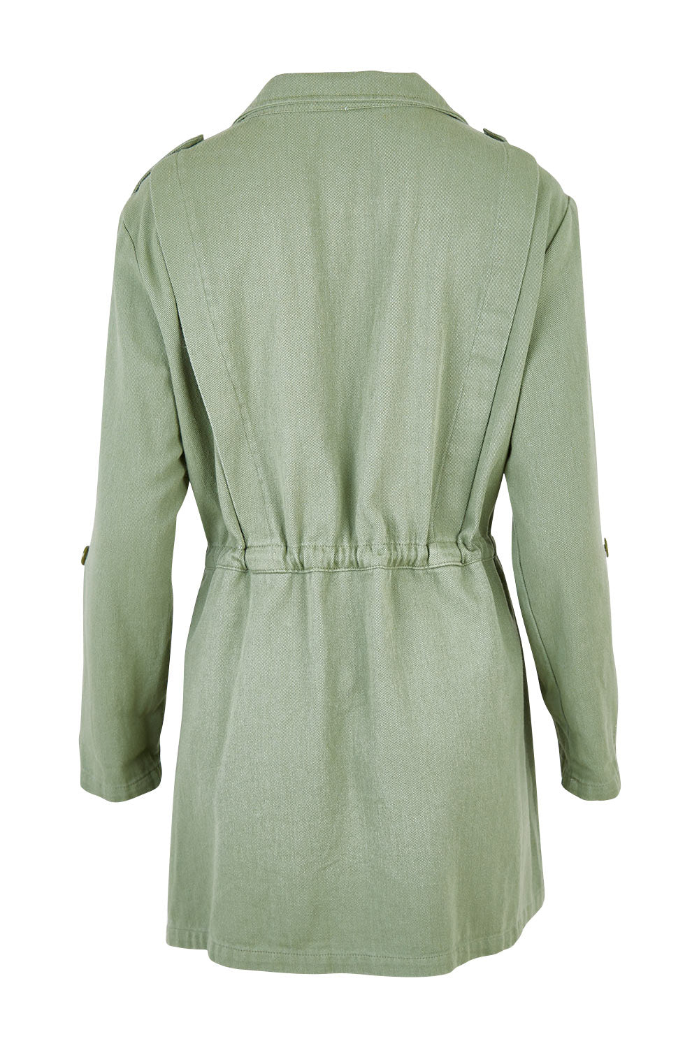 Product shot of the Chill Out Calling Jacket in colour Khaki (Green), from the back
