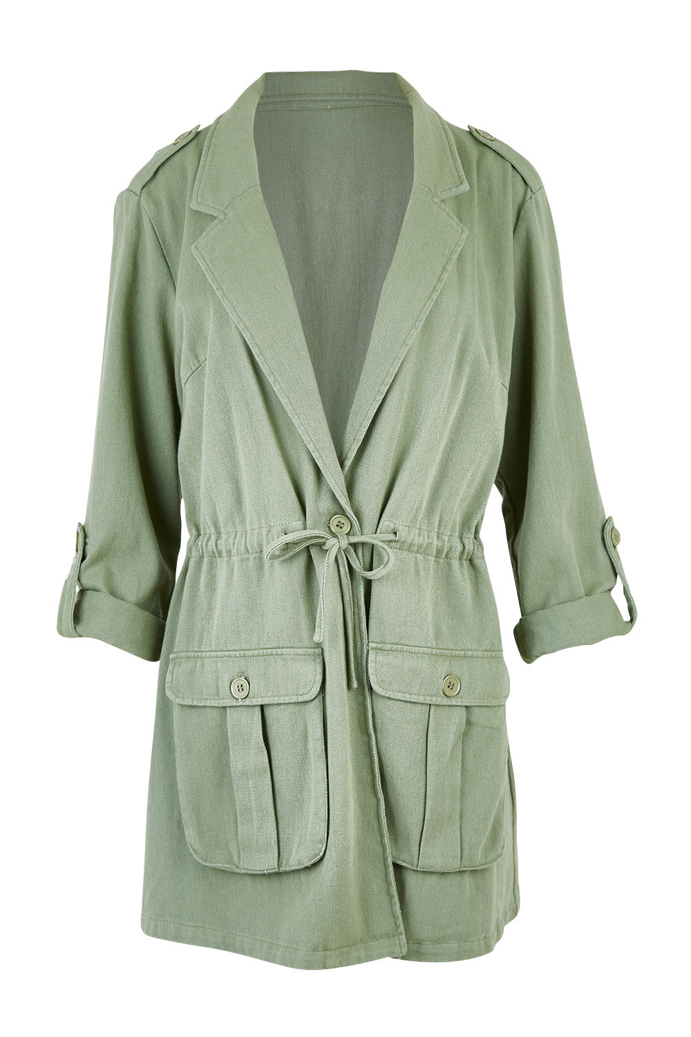 Product shot of the Chill Out Calling Jacket in colour Khaki (Green), detail