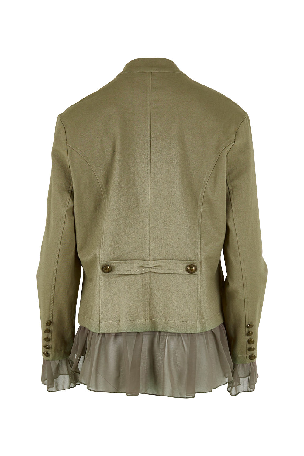 Product shot of the Commander Of Love Jacket in colour Khaki (Green), from the back