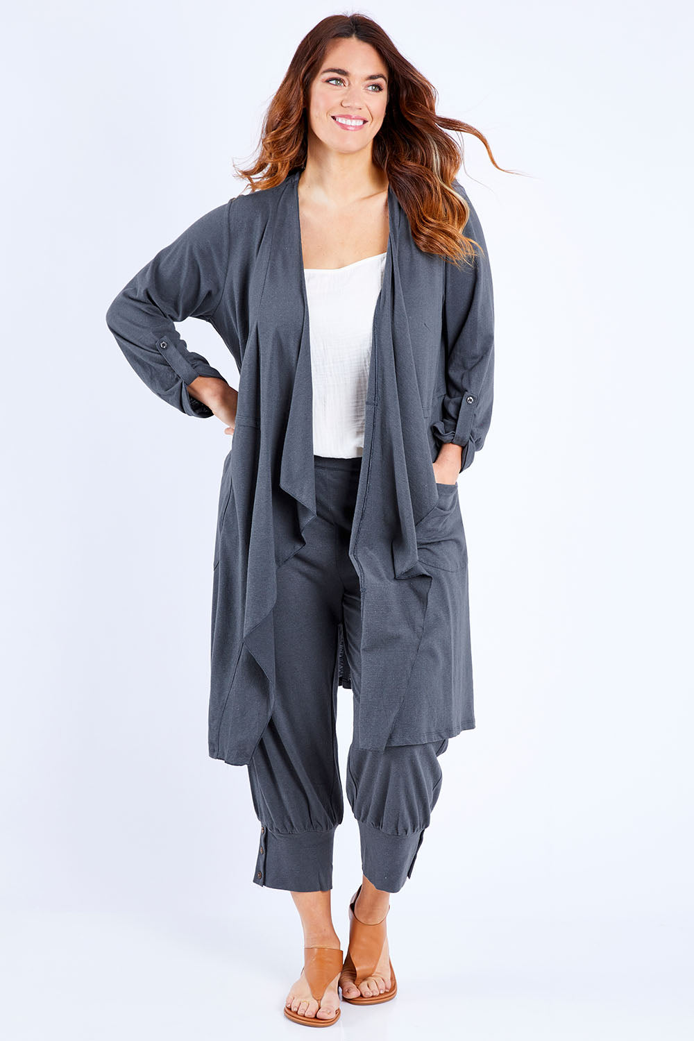 Model Laura wearing size 14 of the Elegant Slumming Cardi in colour Slate (Grey), from the front, showing the whole outfit