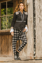 Model Ilona wearing size 10 of the Check Me Out Pants in colour Black (Black), from the front, showing the whole outfit