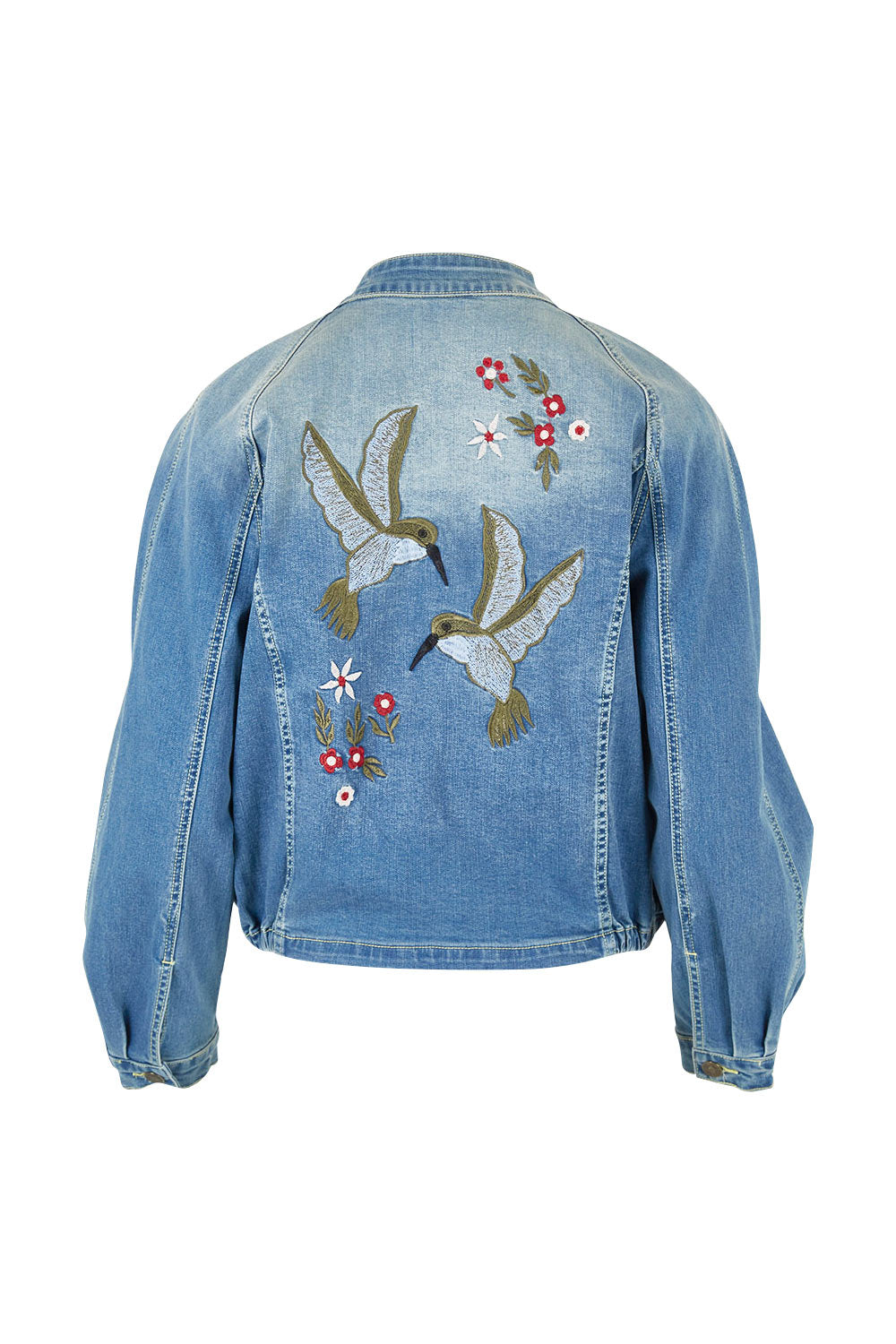 Product shot of the Give Me Wings Denim Jacket in colour Denim (Blue), from the back