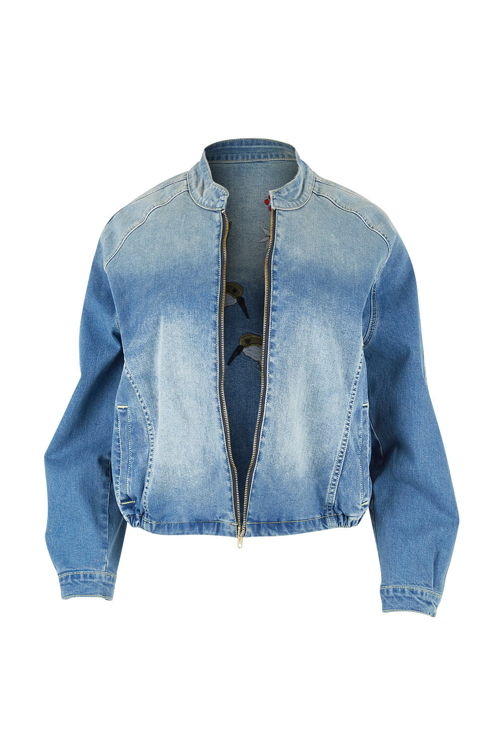 Product shot of the Give Me Wings Denim Jacket in colour Denim (Blue), from the front