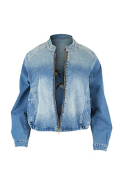 Product shot of the Give Me Wings Denim Jacket in colour Denim (Blue), from the front