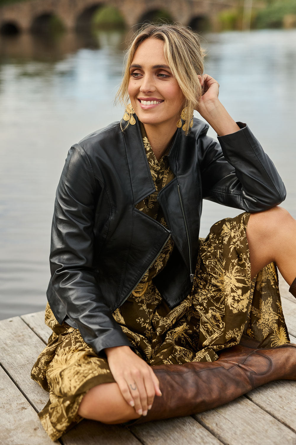 Model Tegan wearing size 10 of the Pirate and Mermaid Leather Jacket in colour Black (Black), from the front, showing the whole outfit