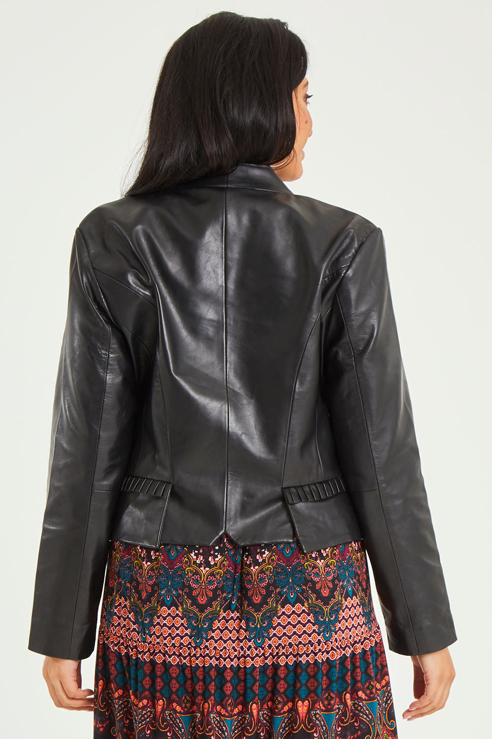 Model Terri-Leigh wearing size 14 of the Pirate and Mermaid Leather Jacket in colour Black (Black), from the back