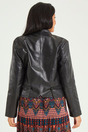 Model Terri-Leigh wearing size 14 of the Pirate and Mermaid Leather Jacket in colour Black (Black), from the back