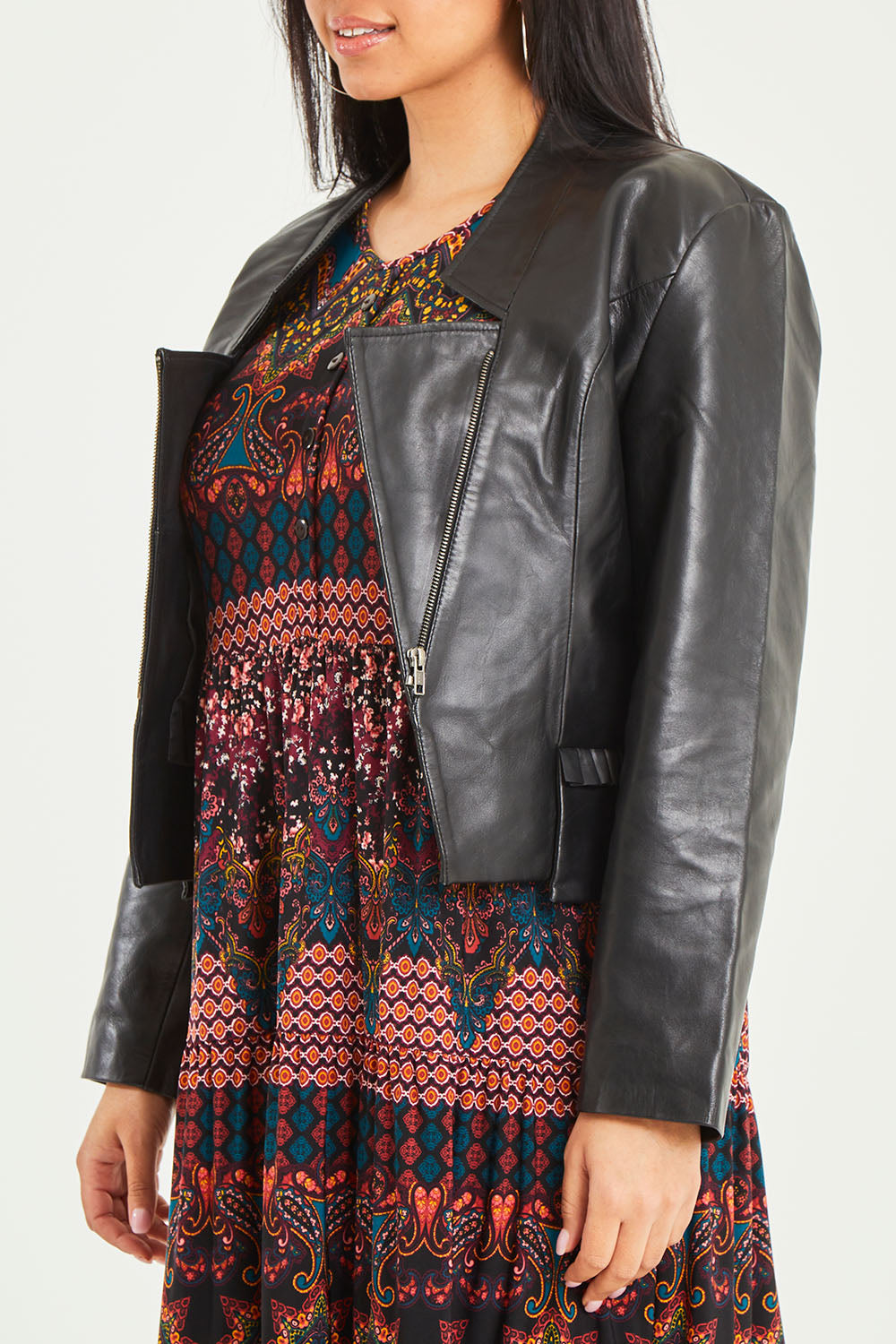 Model Terri-Leigh wearing size 14 of the Pirate and Mermaid Leather Jacket in colour Black (Black), from the front, cropped image