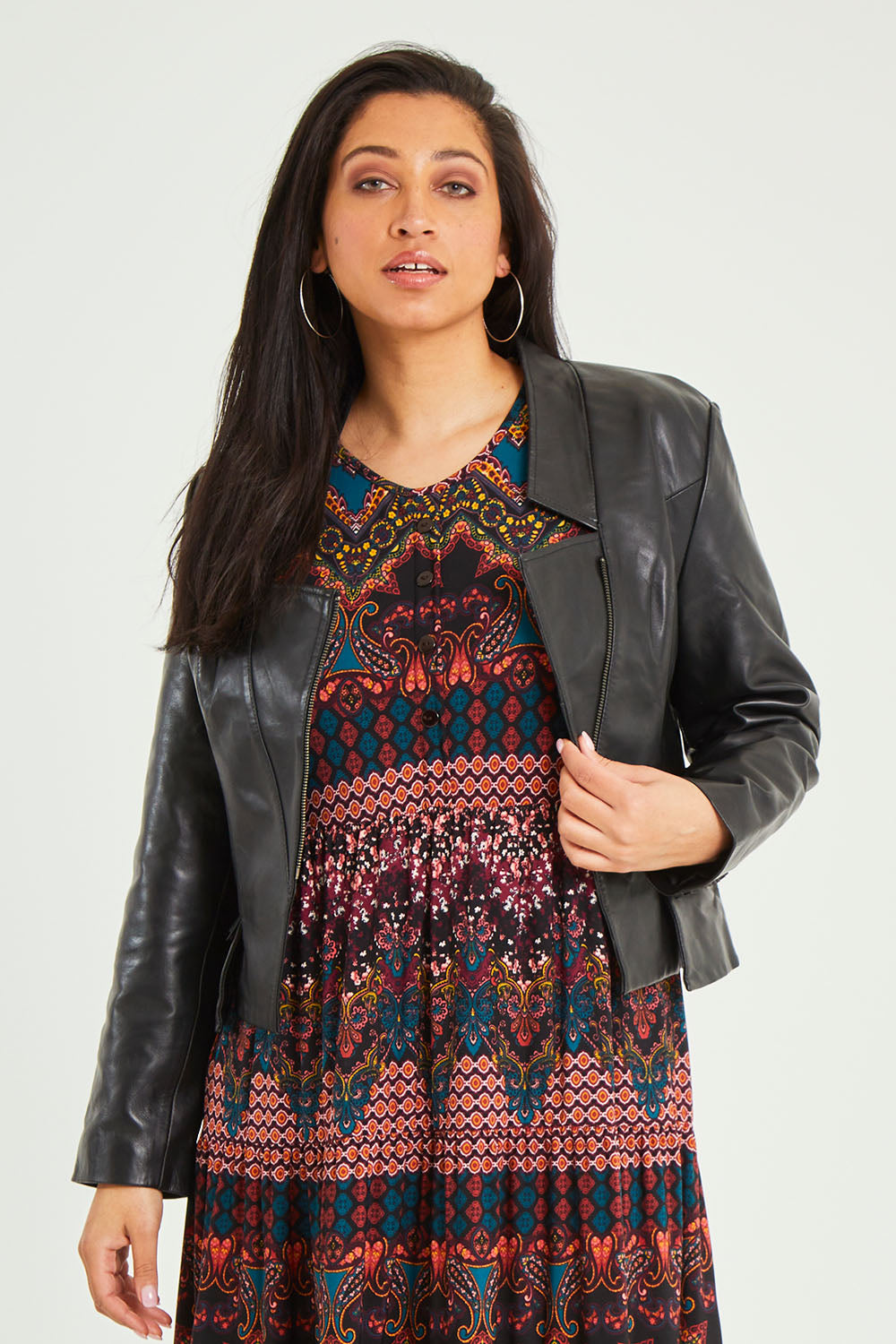 Model Terri-Leigh wearing size 14 of the Pirate and Mermaid Leather Jacket in colour Black (Black), from the front, cropped image